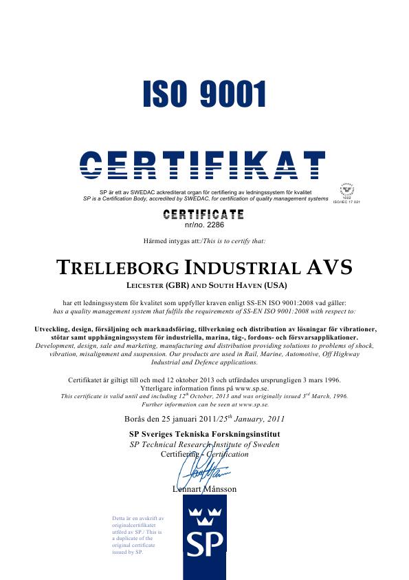 TRELLEBORG сертификат ISO 9001